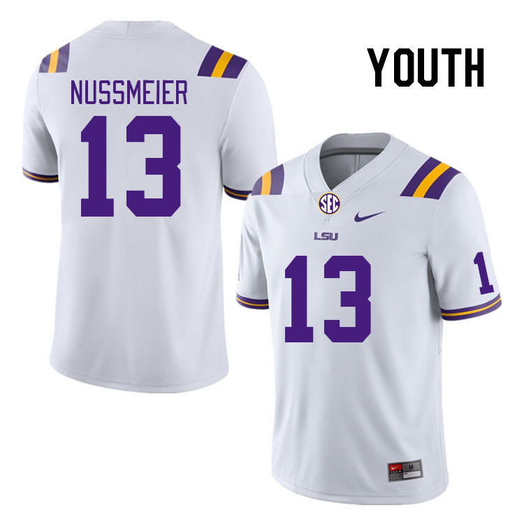 Youth #13 Garrett Nussmeier LSU Tigers College Football Jerseys Stitched-White - Click Image to Close
